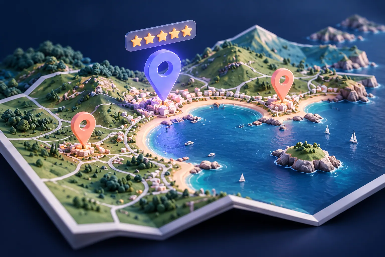 Illustration of a folded map of a bay with three map pins and a five-star rating