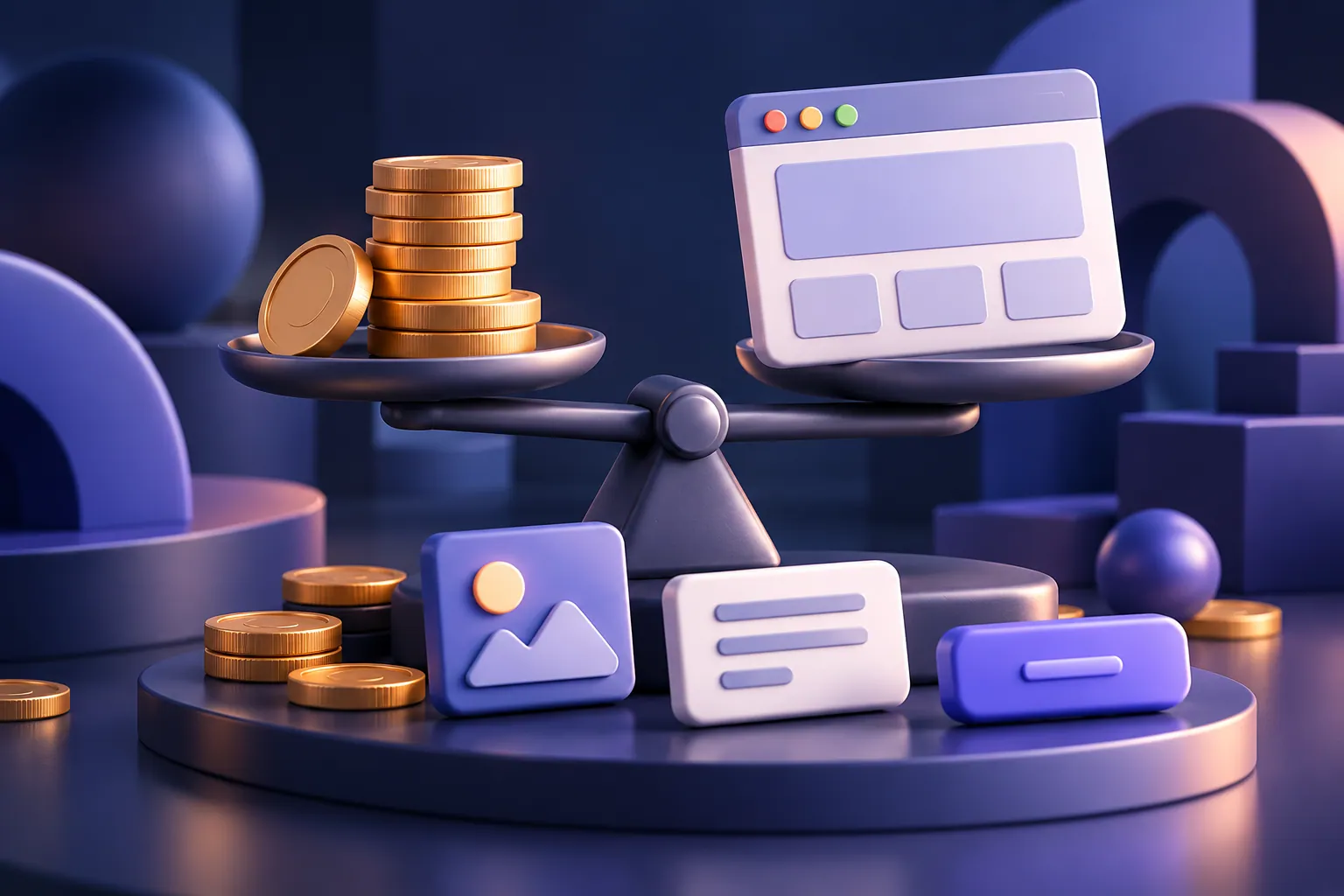 Illustration of a balance scale weighing a stack of coins against a website window