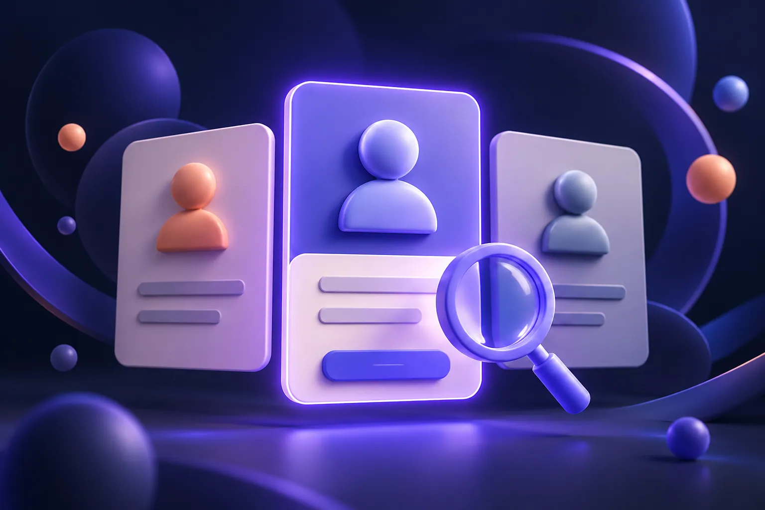 Illustration of three candidate profile cards with a magnifying glass over the chosen one