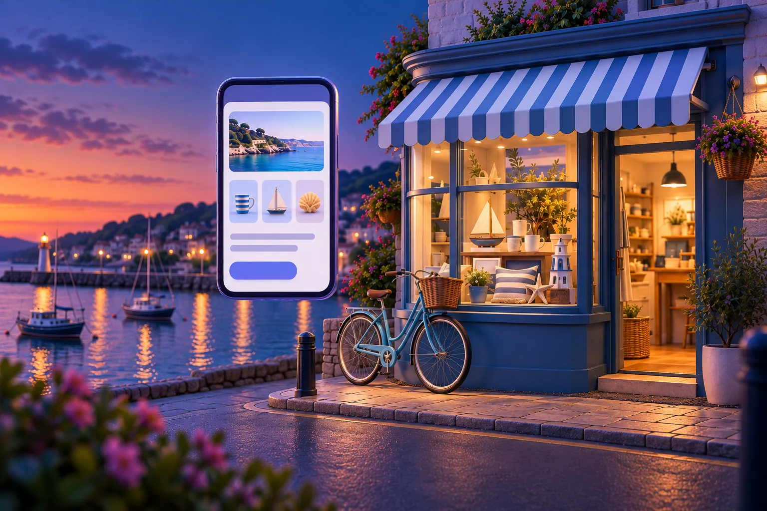 Illustration of a seaside boutique at twilight beside a harbour, with a phone showing its online shop