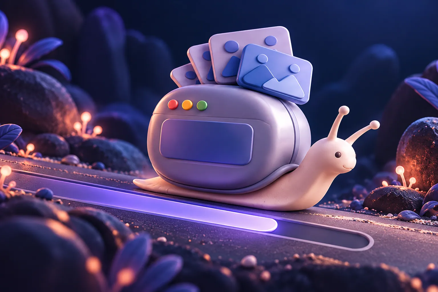 Illustration of a snail with a browser-window shell crawling along a loading bar