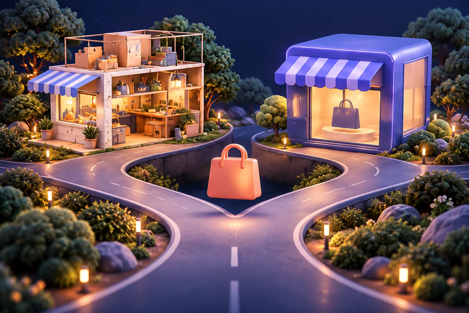 Illustration of a road forking towards two different shop buildings with a shopping bag at the junction