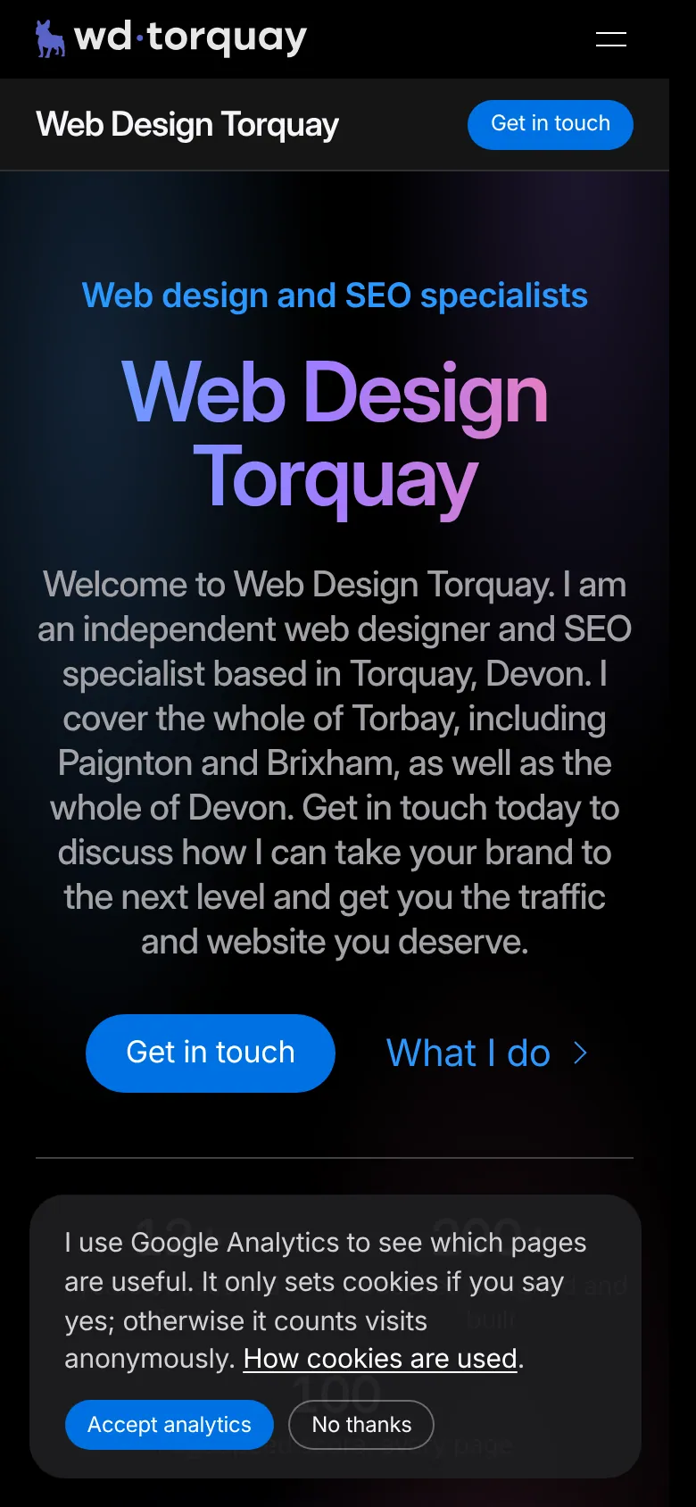 The Web Design Torquay home page on a phone